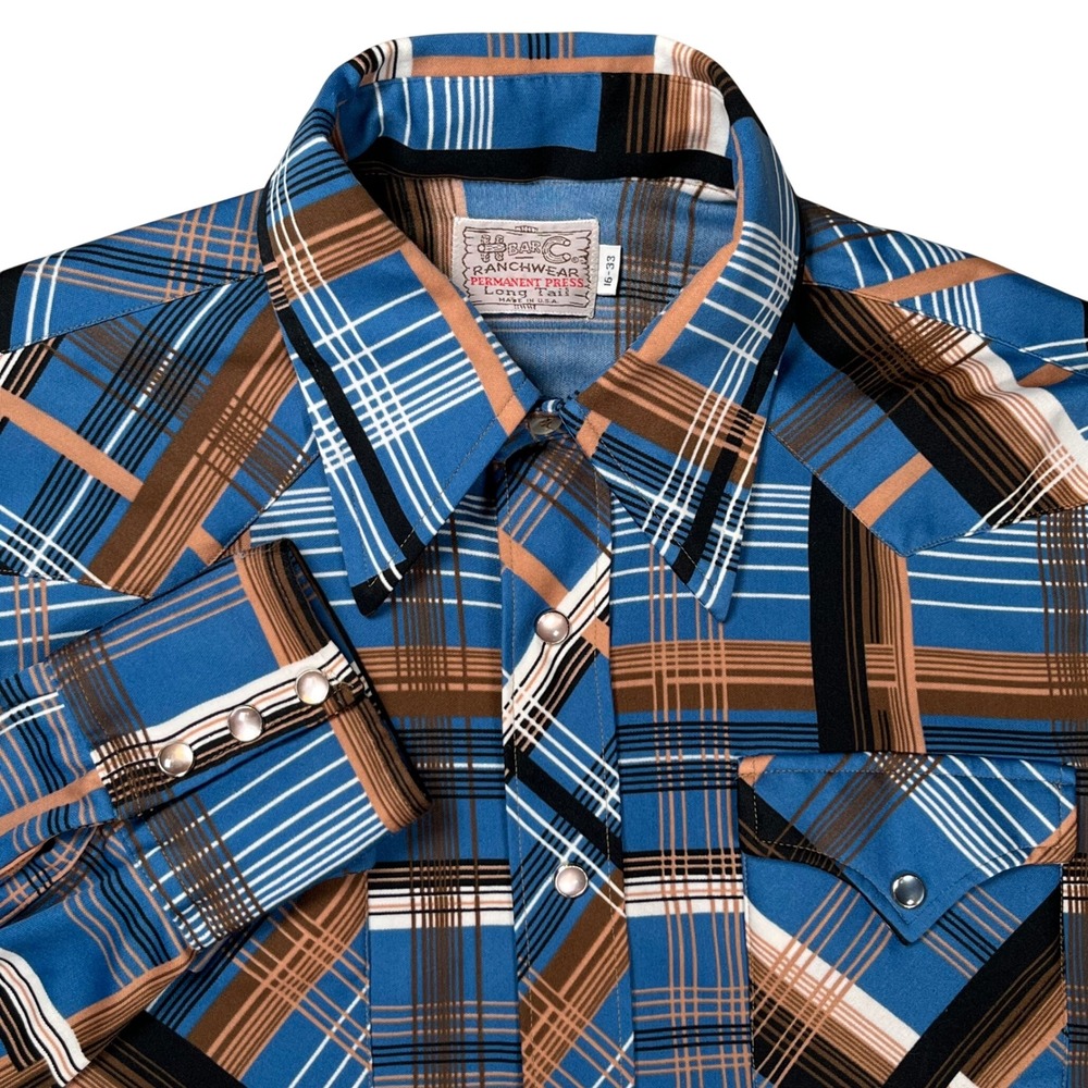 Vintage H Bar C Ranchwear Western‎ Shirt Mens 16-33 Blue Brown Plaid Pearl Snap